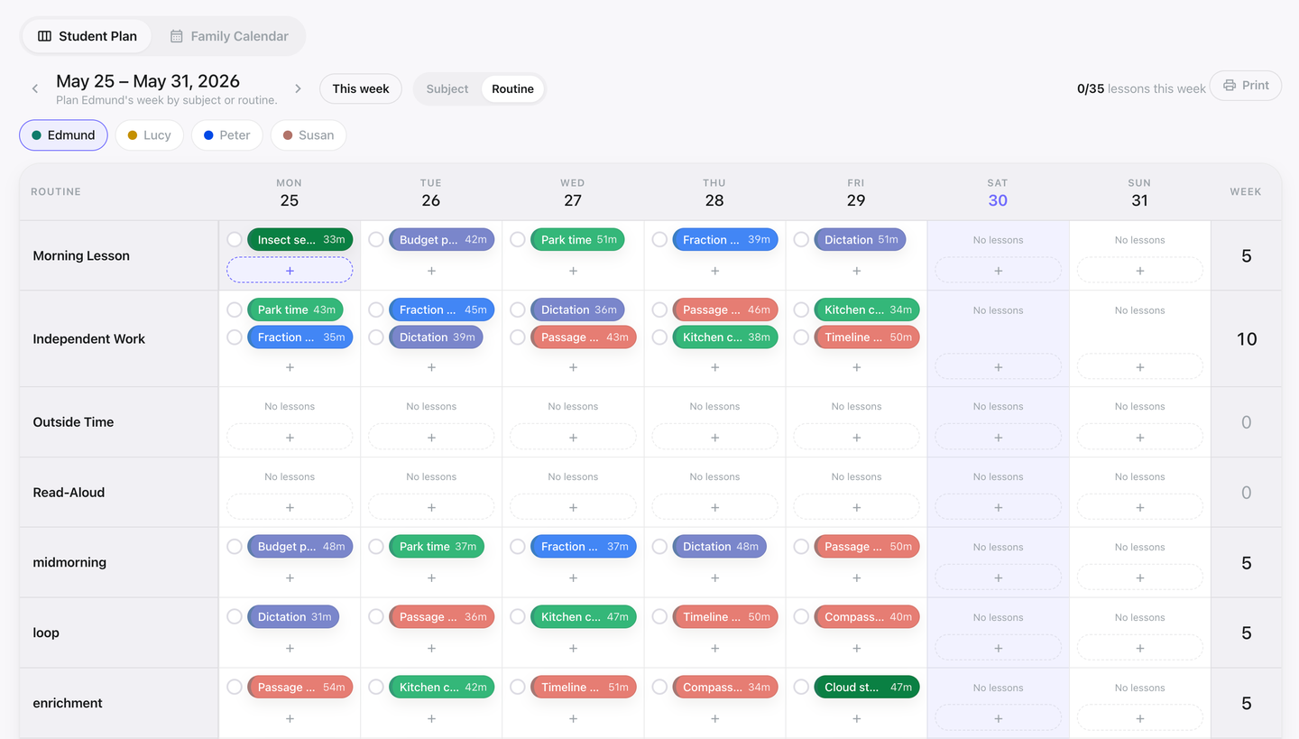 Binder weekly planner — plan lessons by routine across the week for multiple students