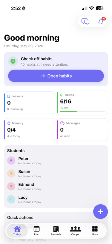 Binder mobile app — daily dashboard with habits, lessons, and student overview